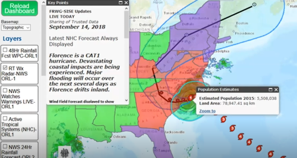 Map of southern coast of US with text boxes relating to Hurricane Florence