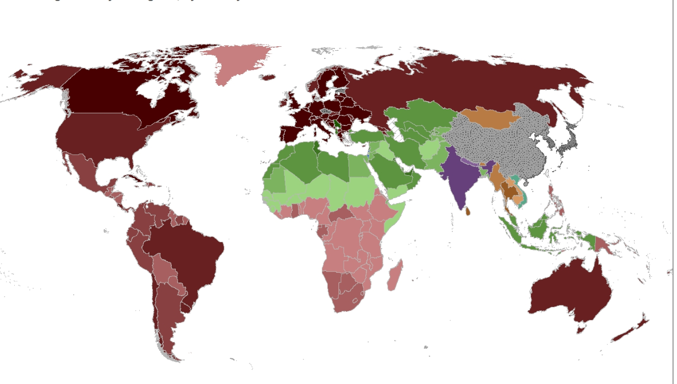 Map of median age and major religions, by country