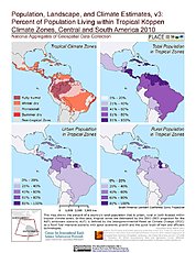 Map: % Pop in Tropical Köppen Climate Zones (2010): Central & South America